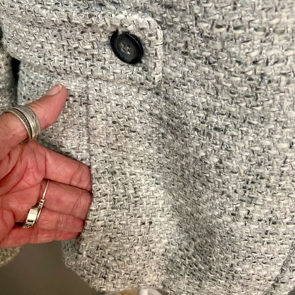 TALBOTS-Cotton Blend Grey White Silver Threads Tweed Coat Womens Petite 8P - Picture 7 of 17